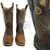 Men Rodeo Cowboy Boots Leather Square Toe Bull Design