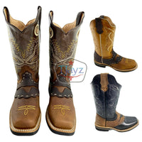 Men Rodeo Cowboy Boots Leather Square Toe Bull Design