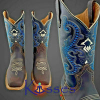 Men Rodeo Cowboy Boots Leather Square Toe