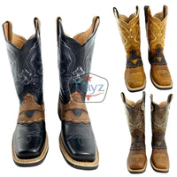Men Rodeo Cowboy Boots Leather Square Toe Bull Design