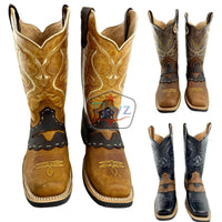 Men Rodeo Cowboy Boots Leather Square Toe Bull Design