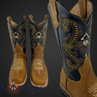 Men Rodeo Cowboy Boots Leather Square Toe