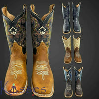Men Rodeo Cowboy Boots Leather Square Toe