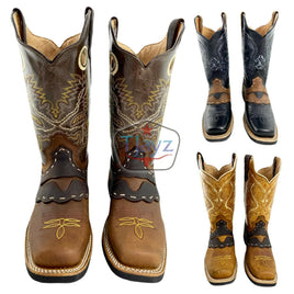 Men Rodeo Cowboy Boots Leather Square Toe Bull Design