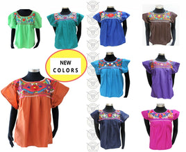 Mexican Peasant Blouse Hand Embroidered Top Assorted Colors Vintage Style Tunic