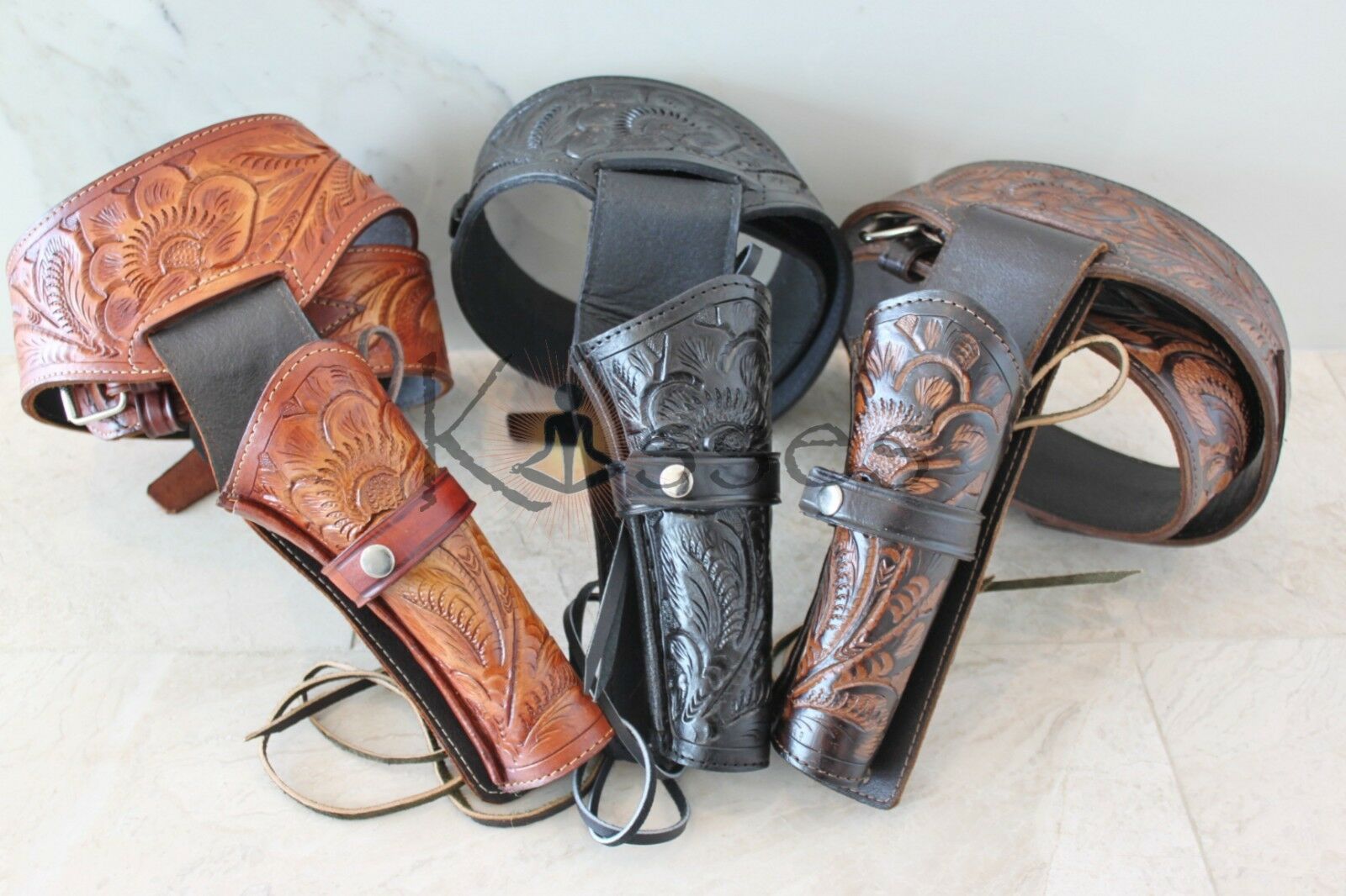 (.44/.45 cal) Western Gun Belt and Holster - Double - Harvest Colors Tooled  Leather
