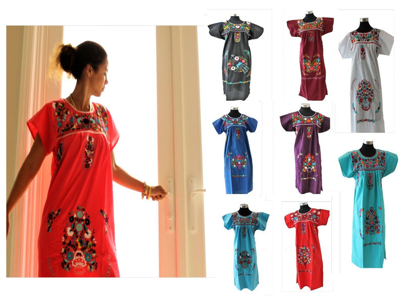 NEW Embroidered Pueblo Peasant Hand Embroidered Mexican Dress Hippie Vintage