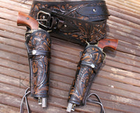 NEW 44/45 Cal DOUBLE  Holster Gun Belt Drop TOOLED LEATHER Western RIG 34"-52"