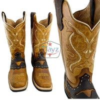 Men Rodeo Cowboy Boots Leather Square Toe Bull Design