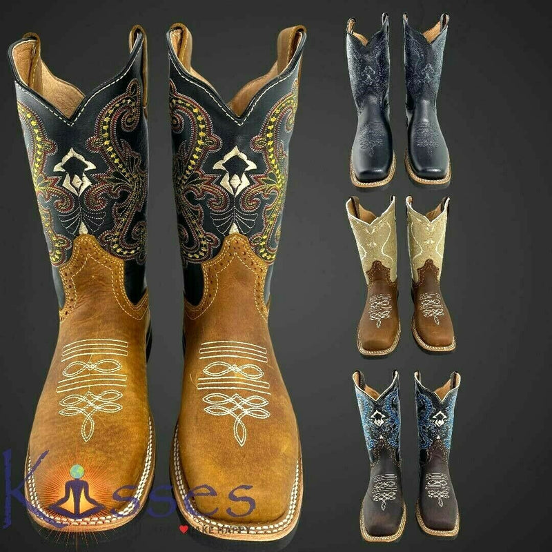 Men Rodeo Cowboy Boots Leather Square Toe