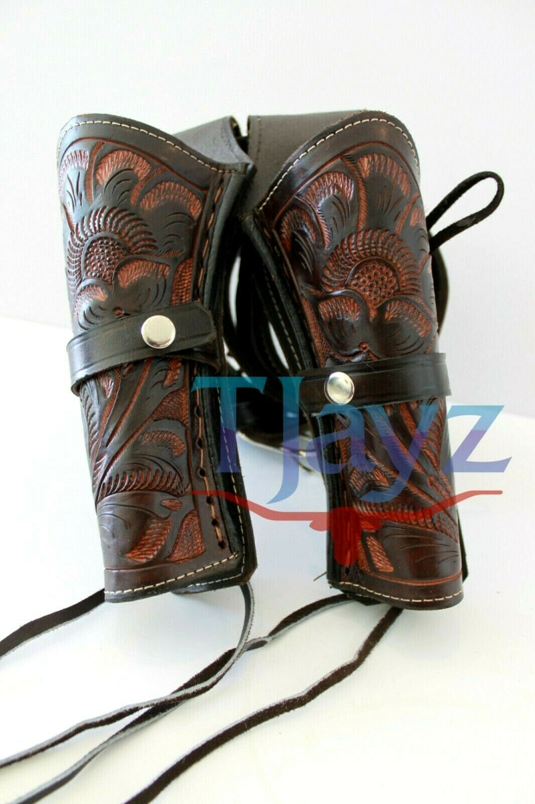 44/.45 cal) Western Gun Belt and Holster - Double - Chocolate Brown Tooled  Leather