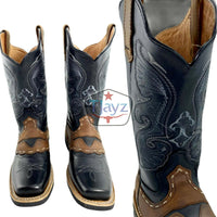 Men Rodeo Cowboy Boots Leather Square Toe Bull Design